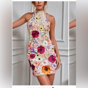 NWT 3D Appliqué Flower Halter Mini Dress Sz M